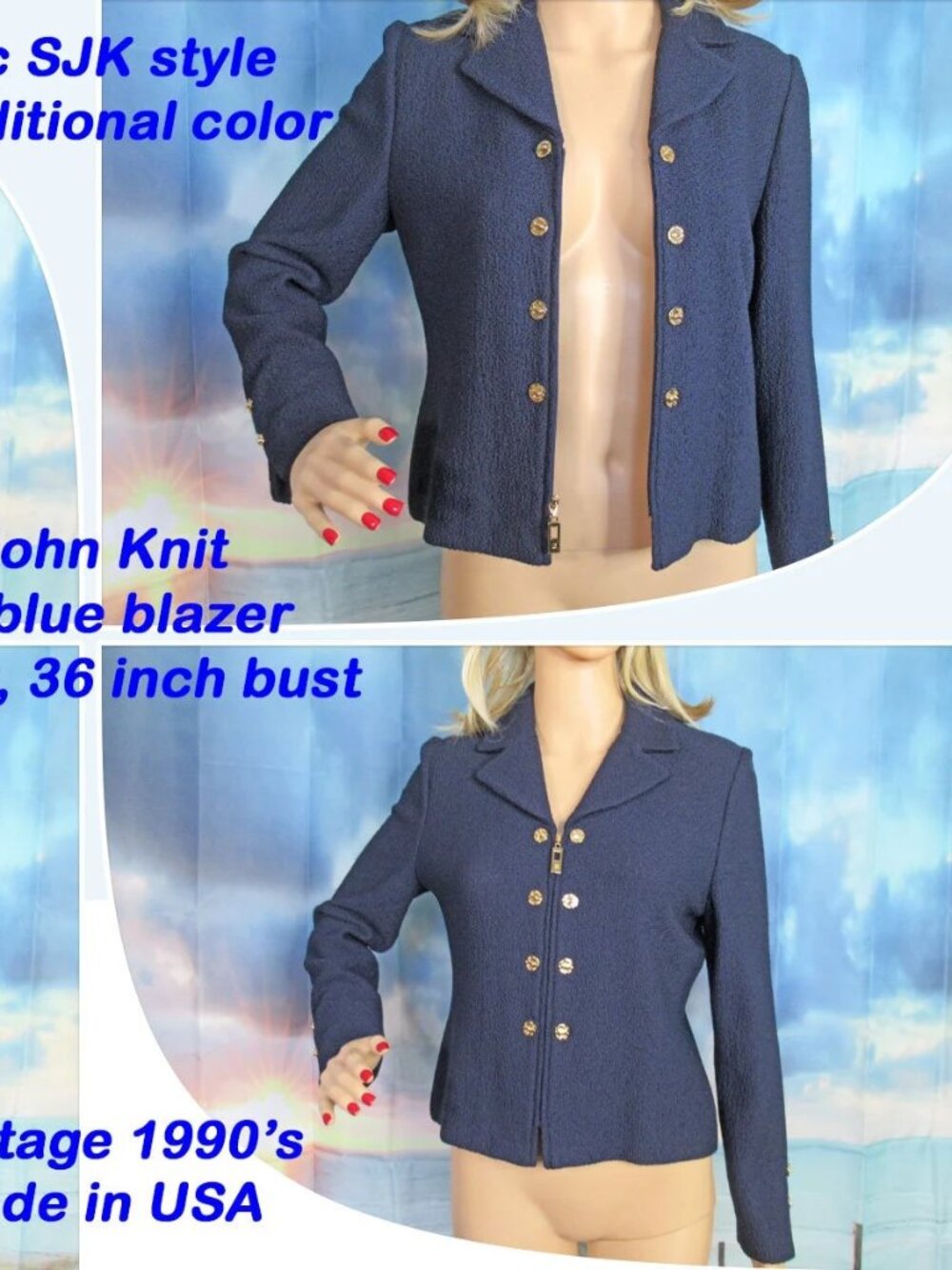 Sz 2 St John Blazer, Collection by Marie Gray, Navy Blue Santana Knit, Zip front